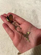 Rare Antique Signed Mini Bliss Brothers Gold Tone Locket Cross Pendant w/ Rosary picture
