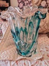 Signed Adam Jablonski Polish Art Glass Thorn Vase Turquoise Teal Clear 11.5 picture