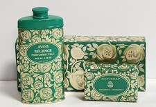 Vtg AVON Perfumed Pair Regence Talc &Bar Soap; Teal/Gold/Silver Pattern, Box NOS picture