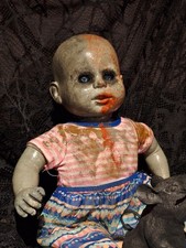 OOAK Creepy Doll 10 In Tall Halloween Prop Handmade Soft Body Sits Lays picture