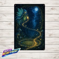 Glowing Fireflies Enchanted Forest Fairy Night Scene Metal Sign picture