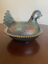 Vintage Indiana Glass Hen On Nest Iridescent Blue Carnival Glass Covered Dish picture
