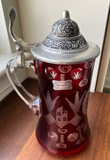 Egermann Bohemia Ruby Cut to Clear Glass Beer Stein Pewter Lid With Original Tag picture