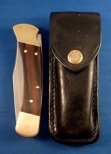 VTG BUCK 110 2 dot 1970s folding Hunter Pocket Knife USA, w Buck leather sheath picture