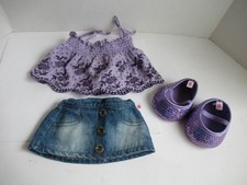 Build A Bear Workshop Purple Floral Top Demin Skirt and Purple Sequin Shoes picture