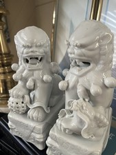 Vintage Blanc De Chine Porcelain Foo Dogs Lions Pair White Chinoiserie picture