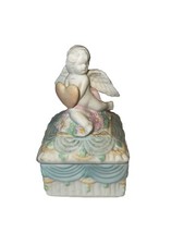 Vintage fun Cherub Trinket Box Angel Holding Heart Pastel Ceramic Jewelry Box #2 picture