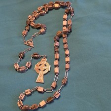 IRISH MARBLE STONE BEAD ROSARY NECKLACE WITH METAL CELTIC CROSS CRUCIFIX picture