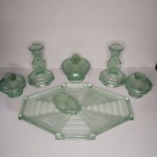 Green Glass Vanity Set - 7 Piece Set - Art Deco - Bagley picture