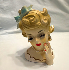Vintage Rubens Originals Lady Head Vase #489 Japan Blonde Pearl Earrings Bow MCM picture