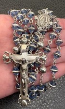 VTG Creed Heavy Sterling Silver Rosary Blue Glass Crystal Beads Hearts Crucifix picture