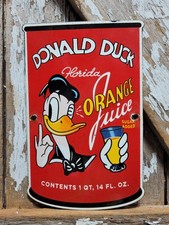 VINTAGE WALT DISNEY PORCELAIN SIGN RARE OLD DUCK ORANGE JUICE CARTOON SODA POP picture