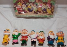 VTG Complete Set Disney Seven Dwarves Rubber 5in Squeeky Toy Orig Banner Pkg picture