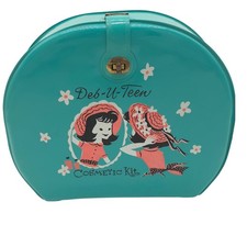 Deb-U-Teen Cosmetic Kit Vintage 1950s Teal Blue Vanity Case Girl Mirror Graphic picture