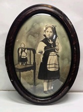 Antique Photo Woman Doll Chair Oval Tiger Frame Convex Glass 22x17 Wall Portrait picture