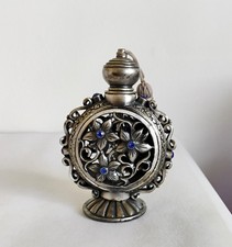 Victorian  Style  Pewter Perfume Bottle Vile Tassel & Blue Gems Unique BEAUTIFUL picture