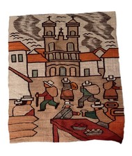 Vintage Andes Group Peru Wool Wall Tapestry 60x48 Andean Market Church Scene picture
