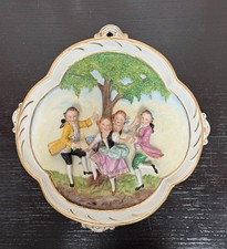  Vintage Sitzendorf Porcelain 3D Relief Wall Plaque Pastel Rococo Dancers 10