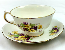 Adderley Fine Bone China England Gold Trim Purple Yellow Flower Teacup & Saucer picture
