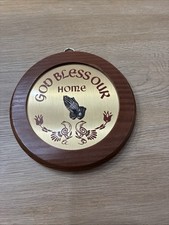 VTG God Bless Our Home Brass On Wood Hanging Sign Bible Wall Decor Cross 6.5” picture