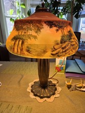 Antique 1920s Reverse Painted Scenic Table Lamp - Pittsburgh Style Landscape picture