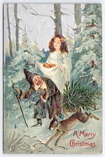 A Merry Christmas Angel Gnome Rabbit Winter Forest c1909 Postcard picture