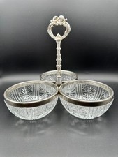 Vintage Sheridan Silverplate & Cut Glass 3 Bowl Relish/Condiment Server picture