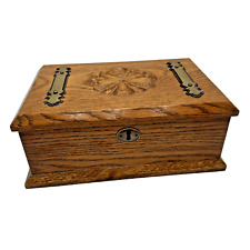 Solid OOAK Wood Oak Finish Jewelry Box W/ Carved Top & Aged Brass Tone Accents picture