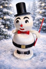 Vintage Japan Snowman Satin Body Felt Face Chenille Arms 39 Cent Sticker 6 1/2