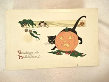 VTG 1920S GIBSON ART HALLOWEEN POSTCARD JACK-O-LANTERN PUMPKIN BLACK CAT WITCH picture