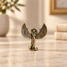 Vintage Egyptian Isis Winged Goddess Metal Figurine Antique Gold Statue 2 Inches picture