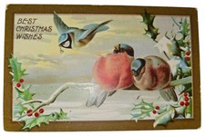 Best Christmas Wishes Postcard New Year Greetings Birds Holly Snow Unposted picture