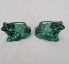 Two Vintage Indiana Glass Green Frog Votive Tea Light Candle Holder Paperweight picture