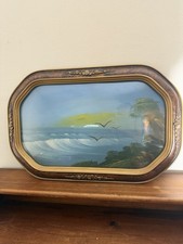 Vintage Coastal Seascape Painting Convex Bubble Glass Ornate Gilt Wood Frame  picture