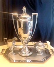 Vtg Loving Cup Art Deco Universal Coffee Percolator Set- Sugar-Creamer-Tray picture