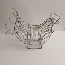 Vintage Chrome Wire Egg Basket Chicken Shaped Large Rear Entry with Feathers picture
