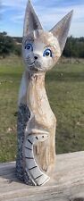 Vintage Hand Carved And Painted Tall Wooden Cat Folk Art 19.5” Crying Kitty picture
