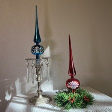 Two Vintage Christmas Plastic Tree Toppers Red & Blue 12” Finials Glitter Italy picture