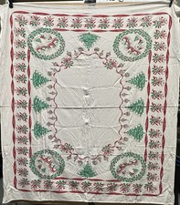 Vintage Mid Century Christmas Tablecloth Ornament Tree Garland Retro 57x51 picture