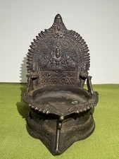 Antique Indian Gaja Lakshmi Bronze Oil Lamp Vintage Hindu Diya Religious Temple picture