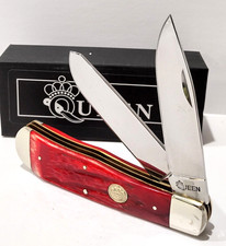 Queen USA Big Boy 1065 Carbon Steel 2 Blade Trapper Red Jigged Bone Pocket Knife picture