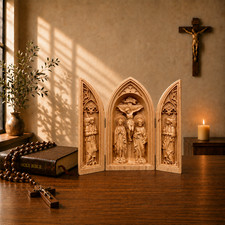 Crucifixion Triptych Wooden Altar Virgin Mary St Joseph Catholic Hand Carved picture