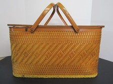 Vintage Redmon Woven Wicker Hinged Wood Top Picnic Basket - Peru, Indiana 1950's picture