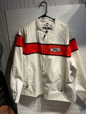 VTG 2000s Woman’s Harley Davidson Racing Zip-Up Jacket, 2W(2XL) Orange/White picture