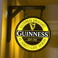 Guinness Draught Illuminated Hanging Sign w/ Wall Bracket St James's Gate picture