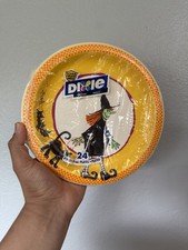 Vintage Dixie Halloween Paper Plates Green Witch Black Cat Bat Sealed 24ct 8.5