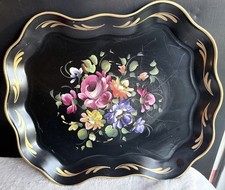 Vintage Nashco Hand Painted Floral Toleware Metal Serving Tray Black Gold 17x14 picture