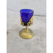 Vintage Cobalt Blue Glass Brass Filigree Pedestal Votive Cup 4.25