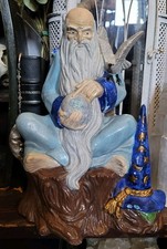 1960s Vintage Wizard Merlin Blue Ceramic Large Fantasy Figurine Whimsical Decor picture
