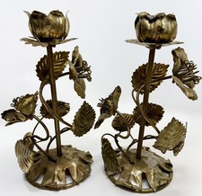 VTG 1950s Pair (2) Italy Gold Gilt Floral Candle Holders Hollywood Regency 8.5” picture